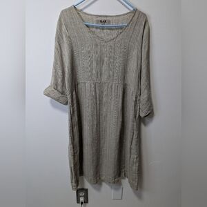 Women's Flax V Neck Dress,100 Percent Linen, Beige With Subtle White Stripes